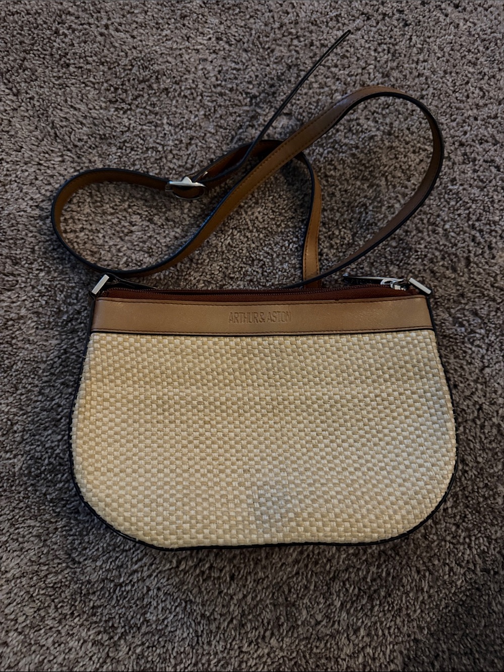Beige Woven Crossbody Bag with Brown Trim